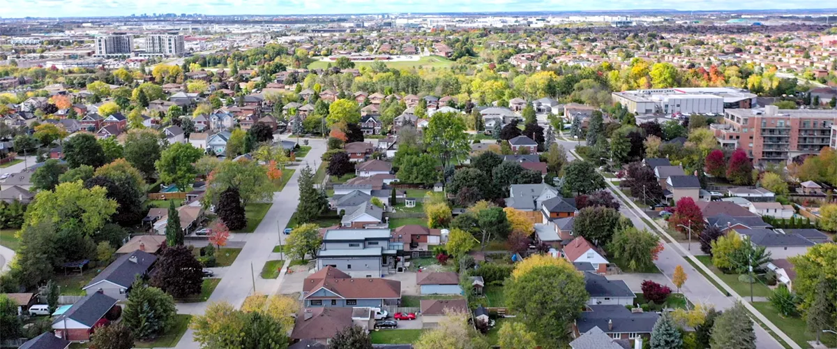 An aerial view of a residential subdivision.