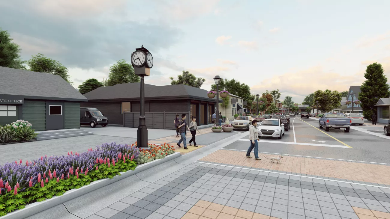 Image is of a rendering of the future Kleinburg Village, after construction is complete.