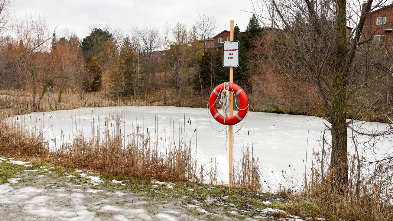 a frozen stormwater pond in Vaughan