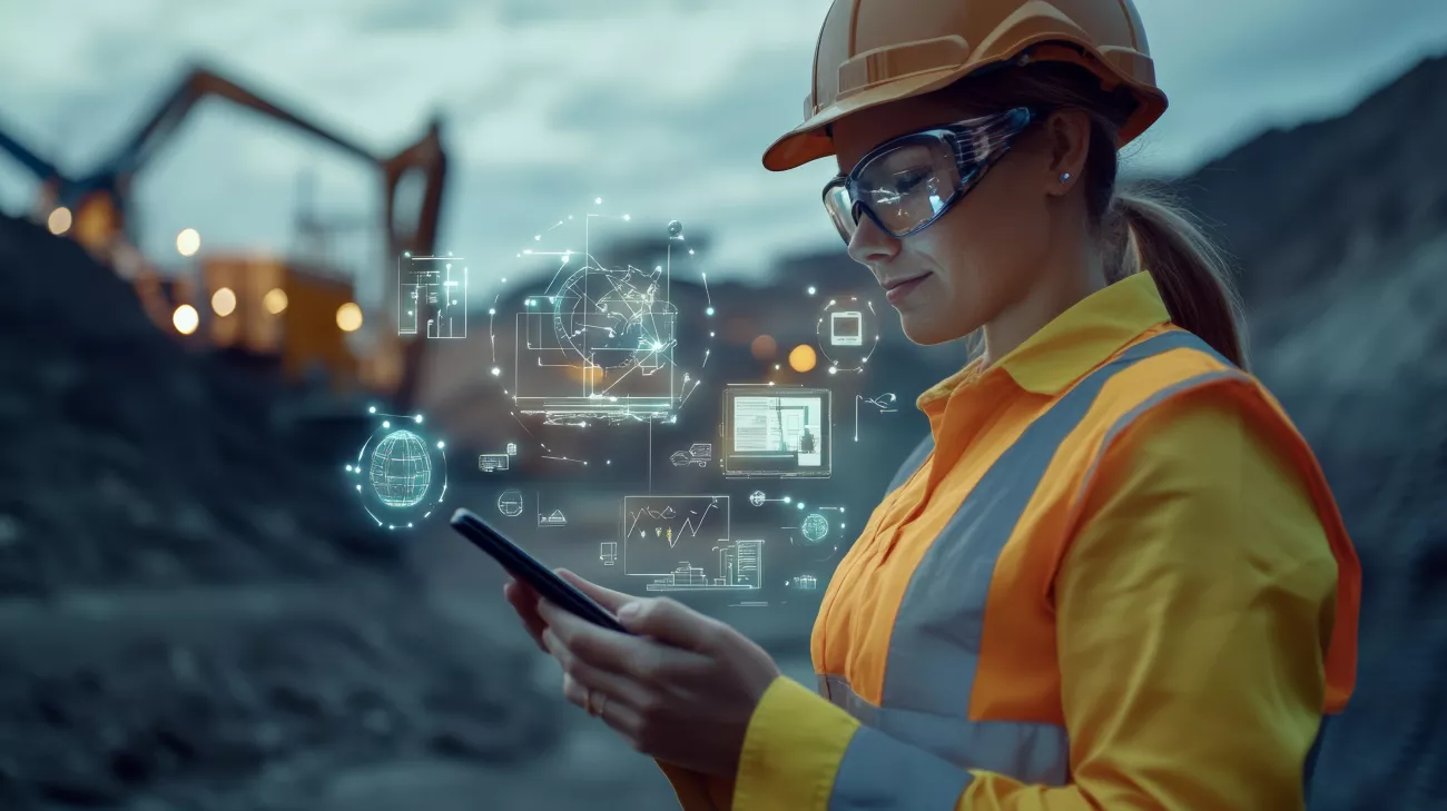 A female construction worker, wearing a hardhat and safety glasses, using a smartphone.