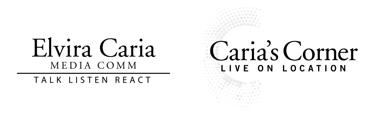 Elvira Caria logo including Media Comm Talk Listen React, and Caria's Corner Live on Location