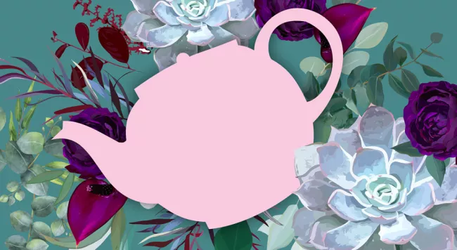 Pink teapot overtop of flowers