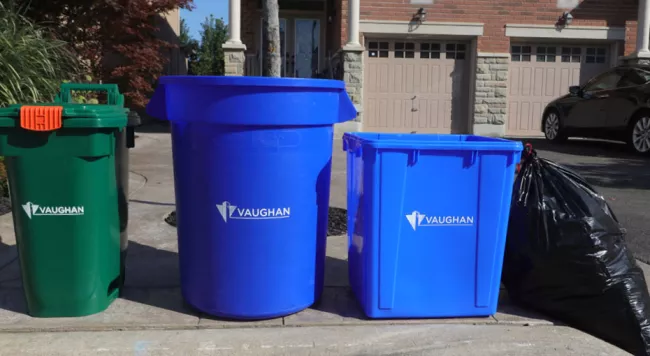 a garbage bag, two blue boxes and one green bin curbside