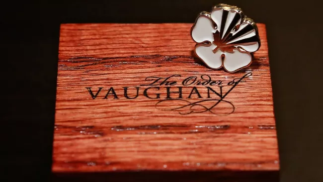 Order of Vaughan pin on a wood box