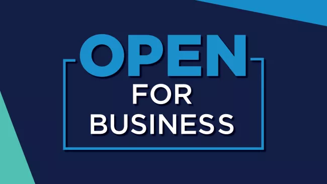 open for business blue text