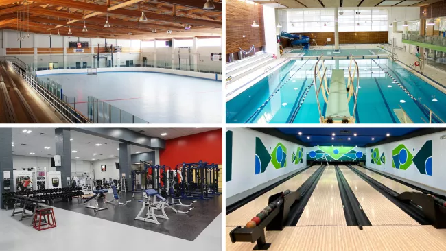 Four images showcasing facilities at community centres, including an arena, pool, fitness centre and bowling alley