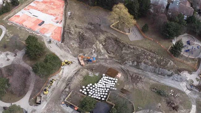 Bird's eye view of construction at Gallanough Park