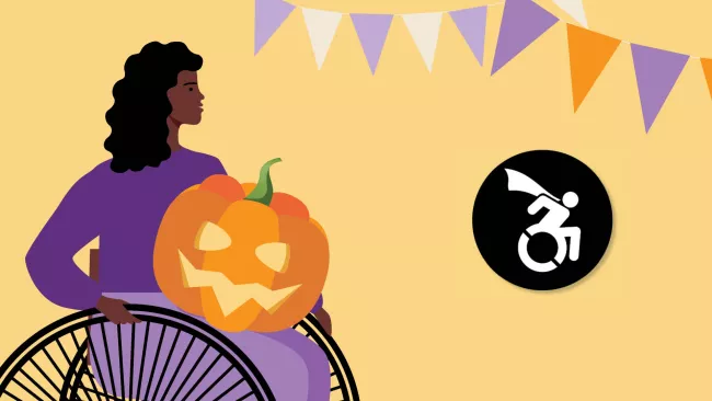 Graphic of person in wheelchair with pumpkin