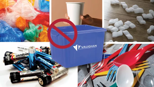 styrofoam, plastic cutlery, plastic bags, batteries and a coffee cup