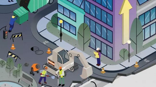 Cartoon of public works professionals working on a street. 