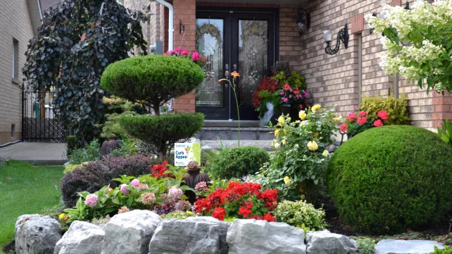 A beautiful garden outside someone's house with a City of Vaughan Curb Appeal sign on it