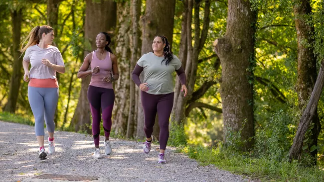 Three women walking on a trail on a sunny day