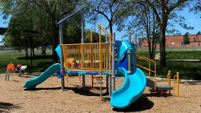 A playground in a park with two slides