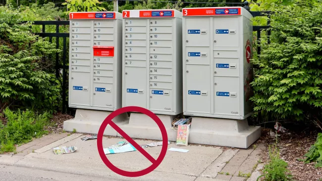 A messy Canada Post community mailbox. There is a red circle with a line through it over the garbage on the ground. 