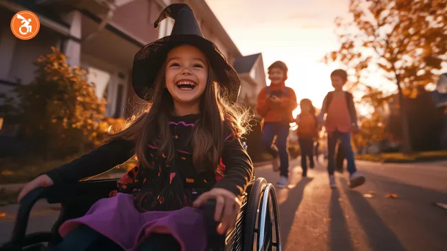 Little girl in a wheel chair trick-or-treating with other kids