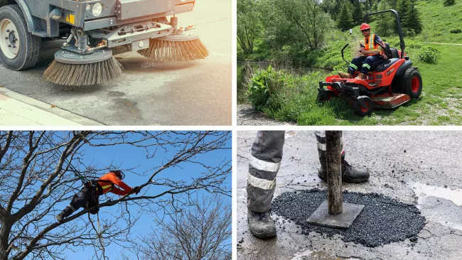 collage of a forestry worker, a grass cutter, pothole filling and street sweeping