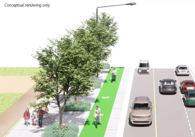 Rendering of Yonge-Steeles showing cars driving along the road on the right side and a sidewalk with pedestrians walking on the left.