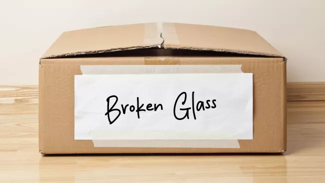 a cardboard box labelled "broken glass"