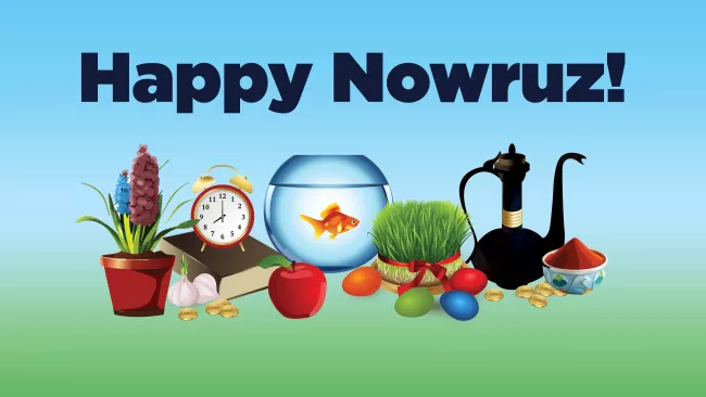 Happy Nowruz in text with images of plants, a fish in a fishbowl, some food, a clock, a book and more.