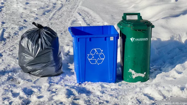 a garbage bag, blue box and green bin at the end of a snowy driveway