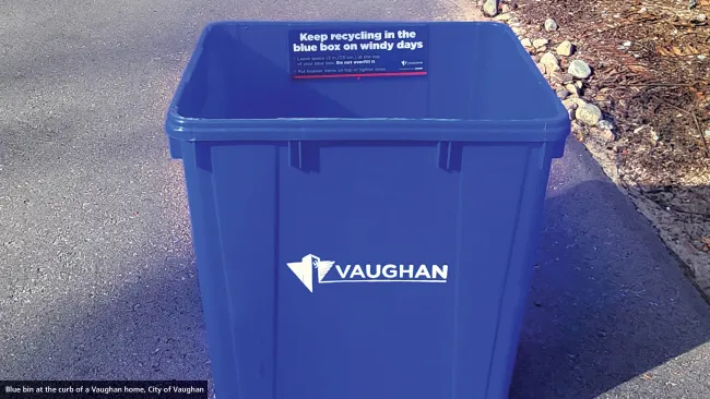 blue box at the curbside with Windy Days sticker inside it