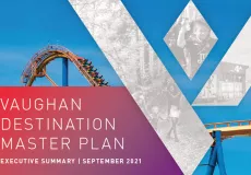 Vaughan Destination Master Plan Executive Summary on a background featuring a roller coaster and a grey V logo.