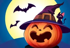 Smiling Halloween pumpkin with a black cat