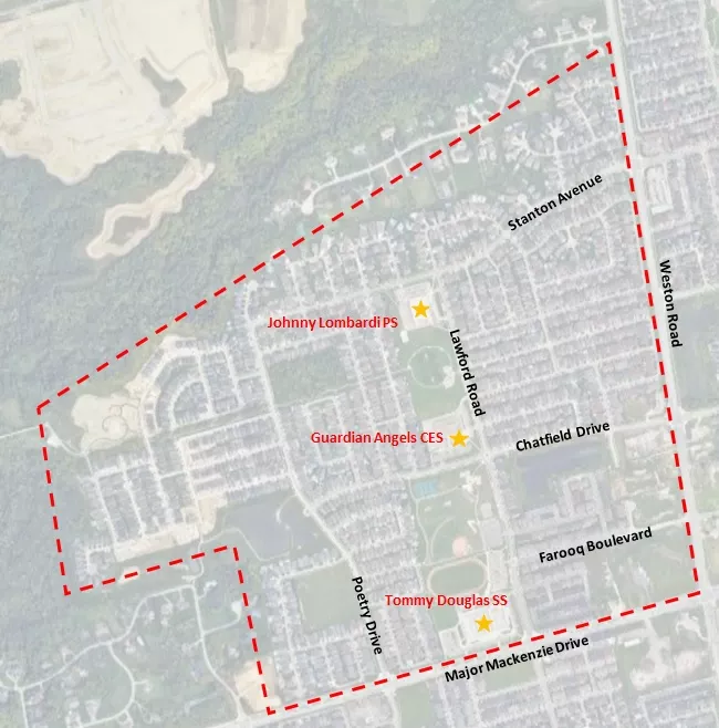 A map of Lawford Road and the surrounding area, including north of Major Mackenzie Drive, west of Weston Road, south of Teston Road and east of Pine Valley Drive