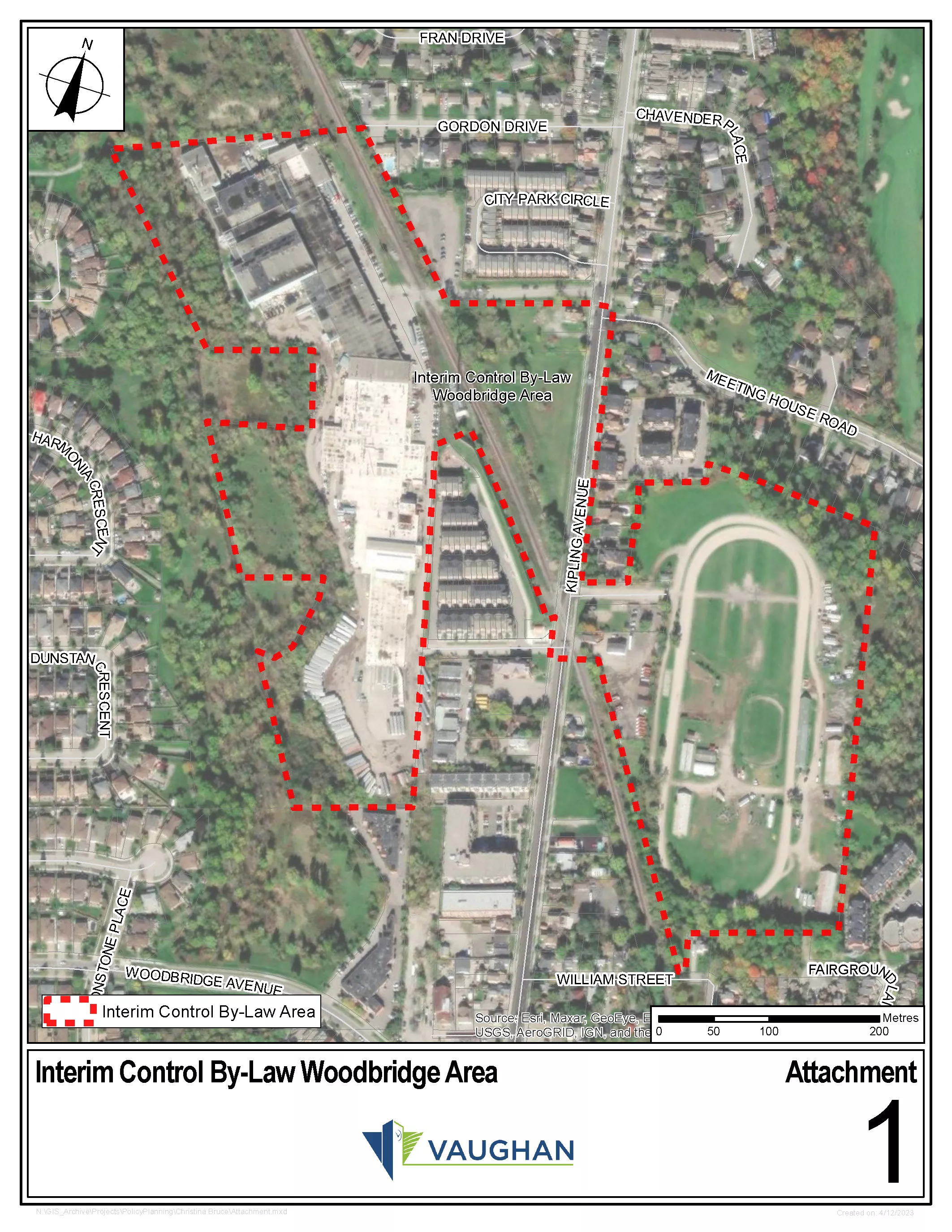 Image shows a map of the study area which consists of approximately 22 hectares (55 acres) of land along Kipling Avenue in Vaughan’s Ward 2. This includes the lands from the Woodbridge Fairgrounds to the east of Kipling Avenue, employment lands and vacant lands to the west of Kipling Avenue, and the rail corridor from north to south. 