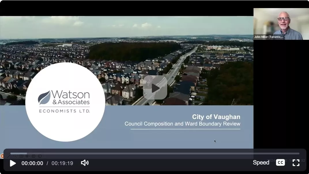 Zoom presentation from Watson & Associates on Vaughan's ward boundary and Council composition review.