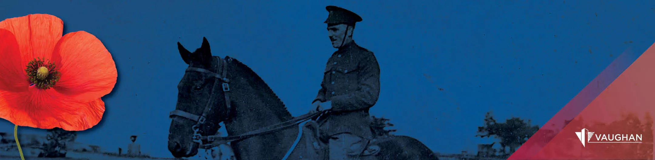 Image of a poppy and soldier on a horse with City of Vaughan logo in the corner