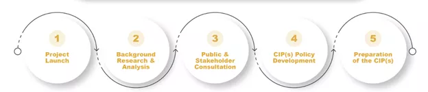 Project timeline. 1 project launch, 2 background research and analysis, 3 public and stakeholder consultation, 4 CIP(s) policy development, 5 preparation of the CIP(s)