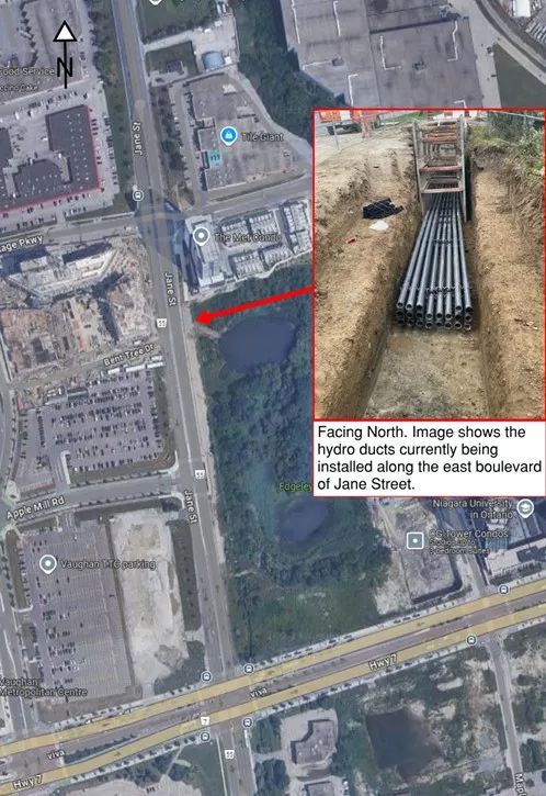 Map with close-up of hydro undergrounding project at the future Edgeley Pond and Park. Close-up image includes text: facing North, image shows the hydro ducts currently being installed along the east boulevard of Jane Street