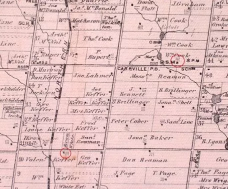 Early Settlement and Lot Division in Vaughan Township, showing the William Cook Farm and original location of the Valentine Keffer House. York County Atlas Detail, 1878